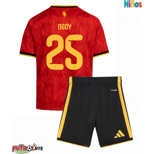 Camiseta Bélgica Nathan Ngoy #25 Primera Equipación para niños Mundial 2026 manga corta (+ pantalones cortos)
